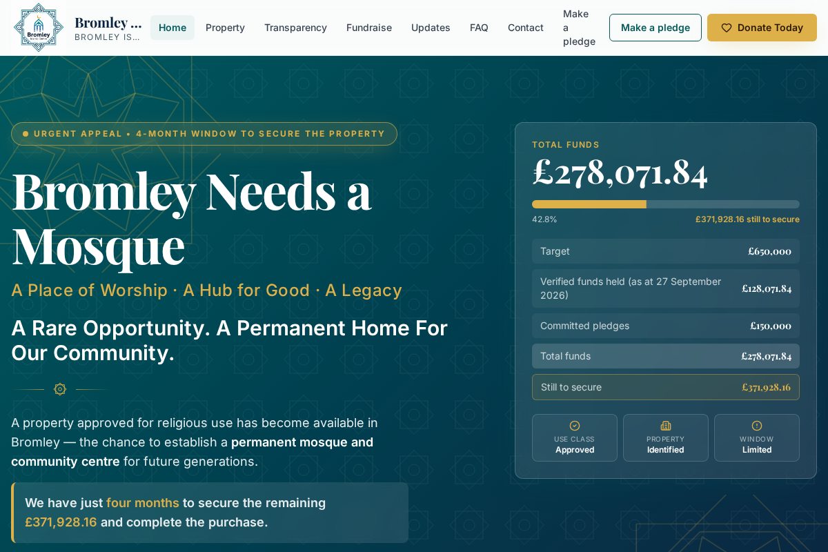 Preview of the Bromley Needs a Mosque campaign homepage